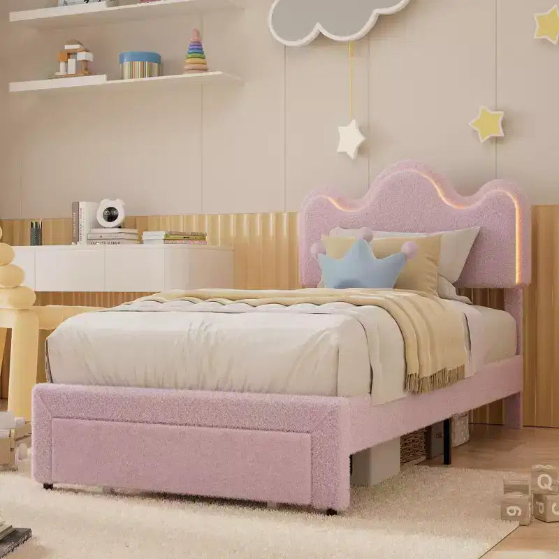 Boucle Bed Frame with Flower Headboard Upholstered Princess Bed Frame for Kids LED Platform Bed Frame with Drawers Strong, Solid Wood Slats Support