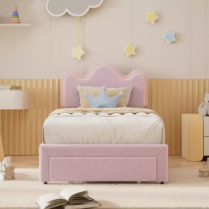 Boucle Bed Frame with Flower Headboard Upholstered Princess Bed Frame for Kids LED Platform Bed Frame with Drawers Strong, Solid Wood Slats Support