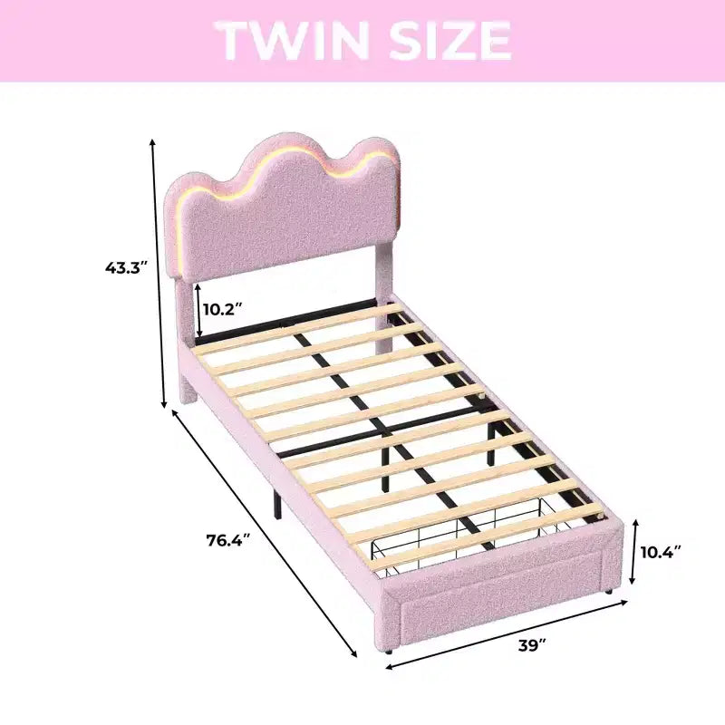 Boucle Bed Frame with Flower Headboard Upholstered Princess Bed Frame for Kids LED Platform Bed Frame with Drawers Strong, Solid Wood Slats Support
