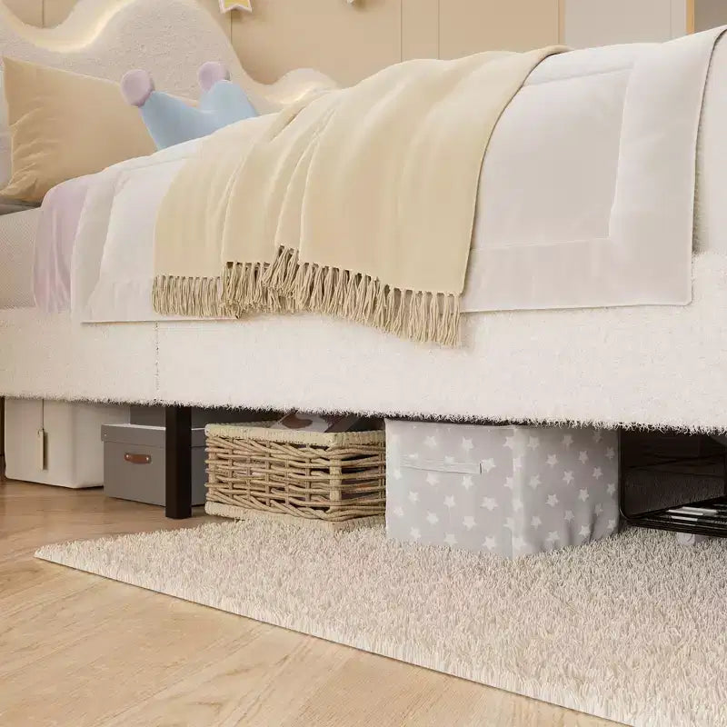 Boucle Bed Frame with Flower Headboard Upholstered Princess Bed Frame for Kids LED Platform Bed Frame with Drawers Strong, Solid Wood Slats Support
