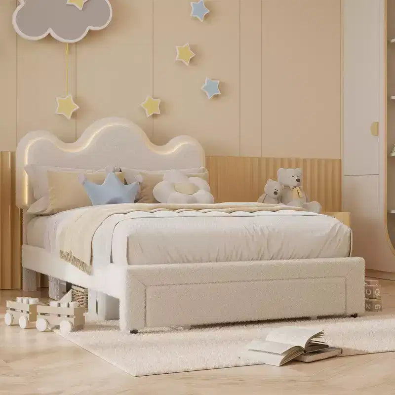 Boucle Bed Frame with Flower Headboard Upholstered Princess Bed Frame for Kids LED Platform Bed Frame with Drawers Strong, Solid Wood Slats Support