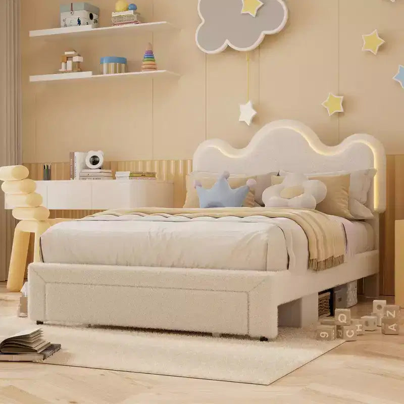 Boucle Bed Frame with Flower Headboard Upholstered Princess Bed Frame for Kids LED Platform Bed Frame with Drawers Strong, Solid Wood Slats Support