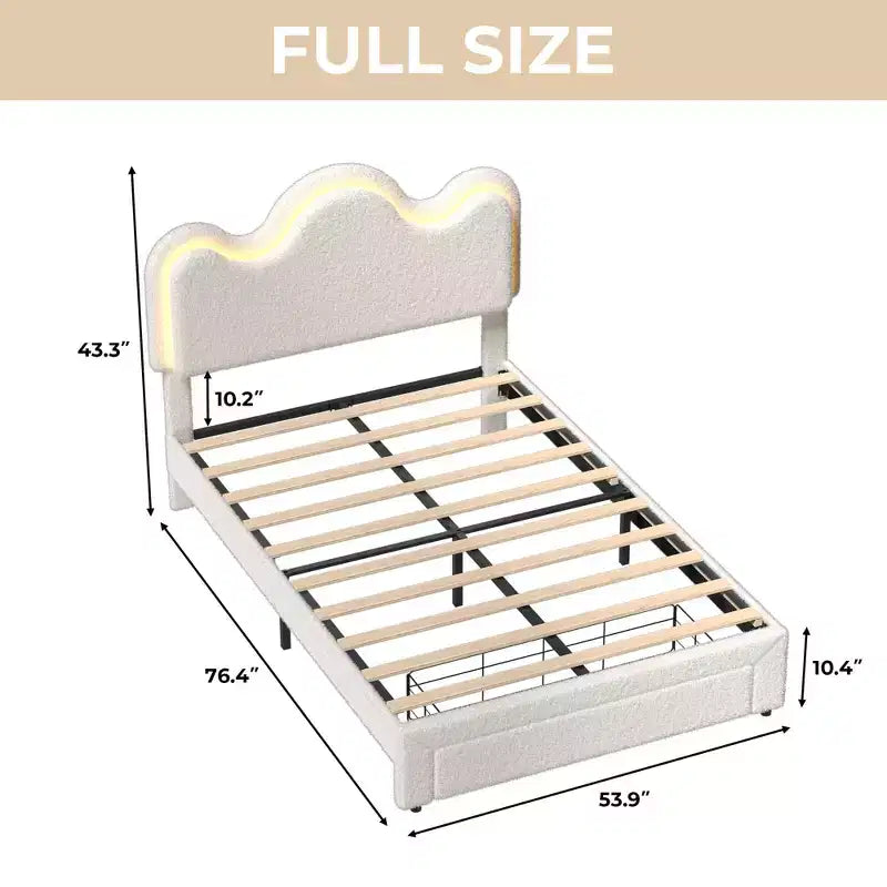Boucle Bed Frame with Flower Headboard Upholstered Princess Bed Frame for Kids LED Platform Bed Frame with Drawers Strong, Solid Wood Slats Support