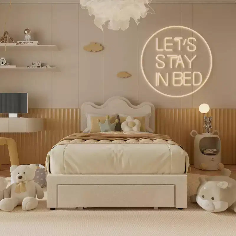 Boucle Bed Frame with Flower Headboard Upholstered Princess Bed Frame for Kids LED Platform Bed Frame with Drawers Strong, Solid Wood Slats Support