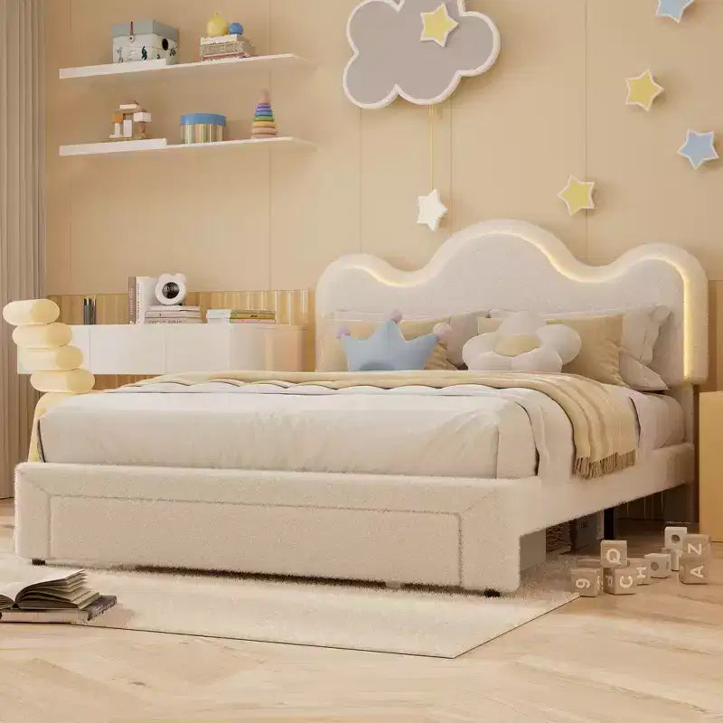 Boucle Bed Frame with Flower Headboard Upholstered Princess Bed Frame for Kids LED Platform Bed Frame with Drawers Strong, Solid Wood Slats Support