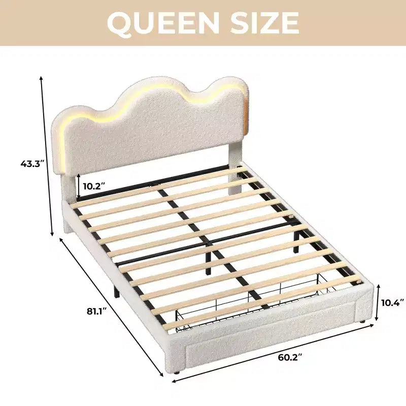 Boucle Bed Frame with Flower Headboard Upholstered Princess Bed Frame for Kids LED Platform Bed Frame with Drawers Strong, Solid Wood Slats Support