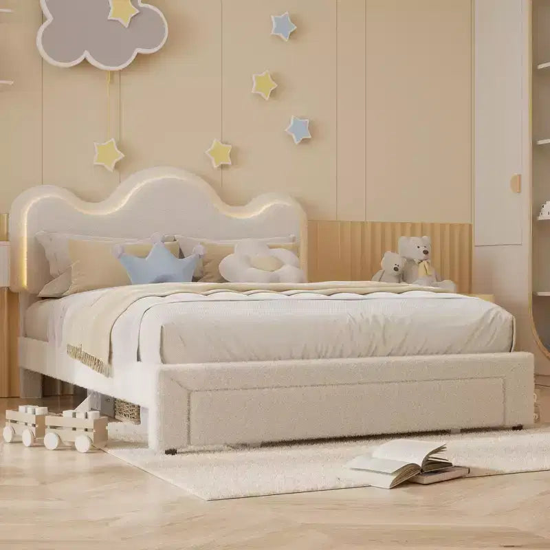 Boucle Bed Frame with Flower Headboard Upholstered Princess Bed Frame for Kids LED Platform Bed Frame with Drawers Strong, Solid Wood Slats Support