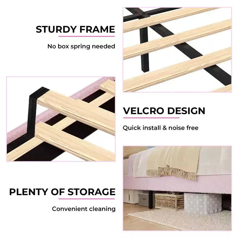 Boucle Bed Frame with Flower Headboard Upholstered Princess Bed Frame for Kids LED Platform Bed Frame with Drawers Strong, Solid Wood Slats Support