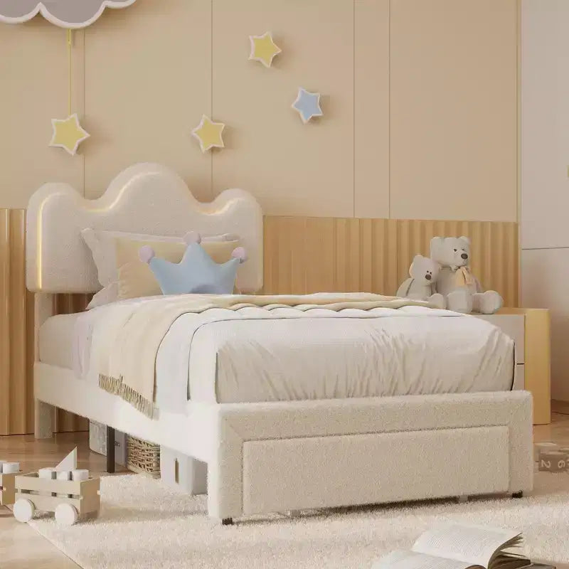 Boucle Bed Frame with Flower Headboard Upholstered Princess Bed Frame for Kids LED Platform Bed Frame with Drawers Strong, Solid Wood Slats Support