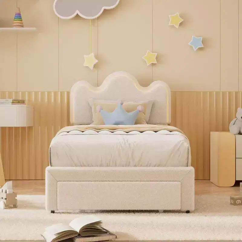Boucle Bed Frame with Flower Headboard Upholstered Princess Bed Frame for Kids LED Platform Bed Frame with Drawers Strong, Solid Wood Slats Support