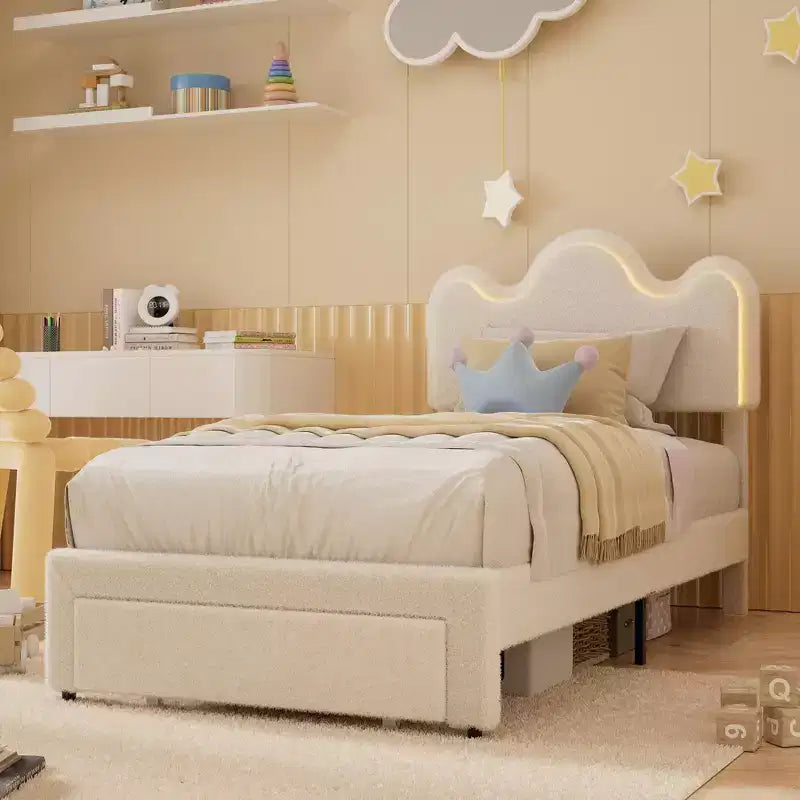 Boucle Bed Frame with Flower Headboard Upholstered Princess Bed Frame for Kids LED Platform Bed Frame with Drawers Strong, Solid Wood Slats Support