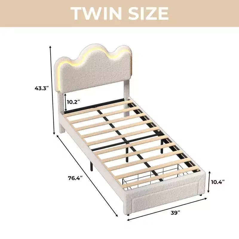 Boucle Bed Frame with Flower Headboard Upholstered Princess Bed Frame for Kids LED Platform Bed Frame with Drawers Strong, Solid Wood Slats Support