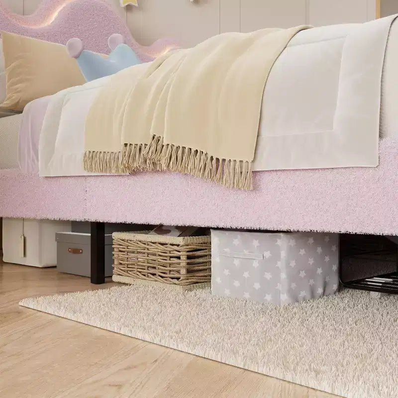 Boucle Bed Frame with Flower Headboard Upholstered Princess Bed Frame for Kids LED Platform Bed Frame with Drawers Strong, Solid Wood Slats Support