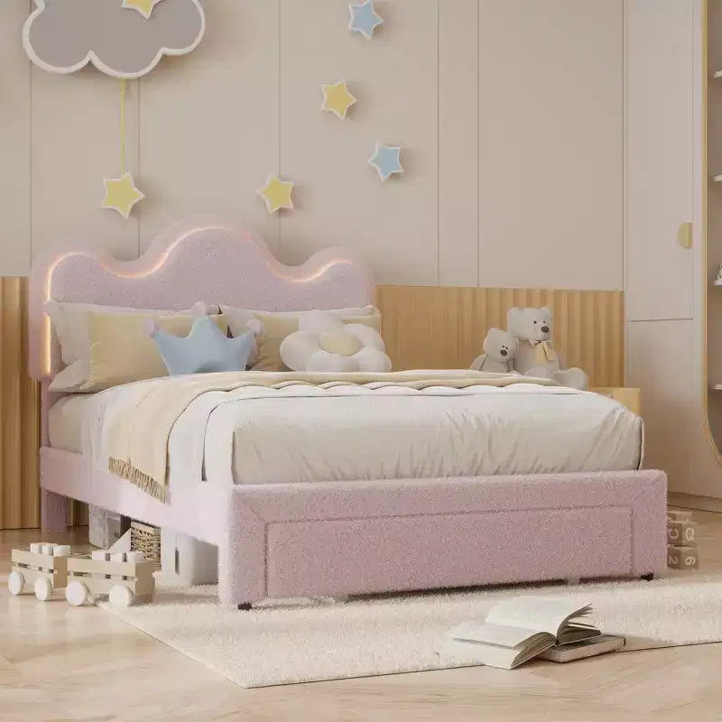 Boucle Bed Frame with Flower Headboard Upholstered Princess Bed Frame for Kids LED Platform Bed Frame with Drawers Strong, Solid Wood Slats Support