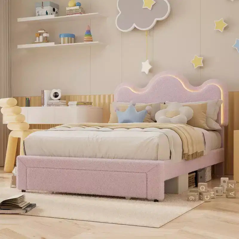 Boucle Bed Frame with Flower Headboard Upholstered Princess Bed Frame for Kids LED Platform Bed Frame with Drawers Strong, Solid Wood Slats Support