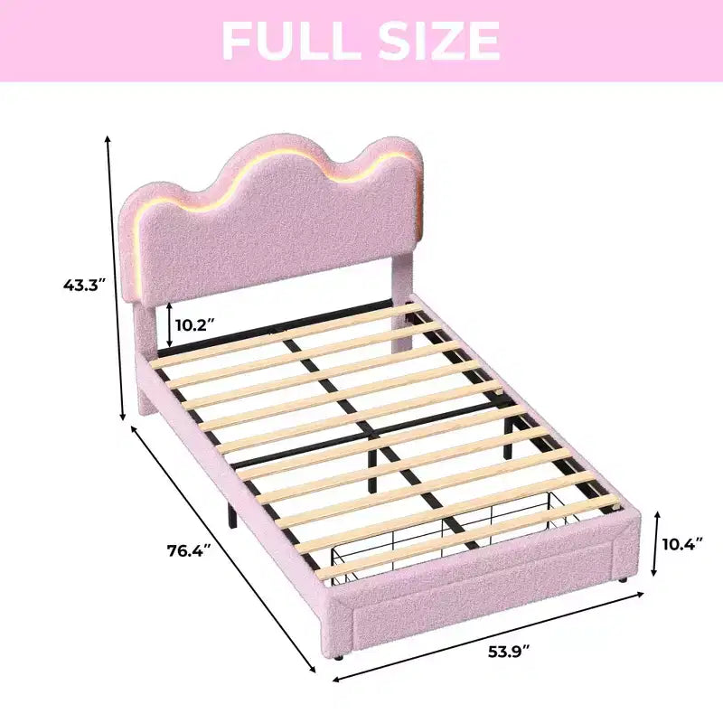 Boucle Bed Frame with Flower Headboard Upholstered Princess Bed Frame for Kids LED Platform Bed Frame with Drawers Strong, Solid Wood Slats Support