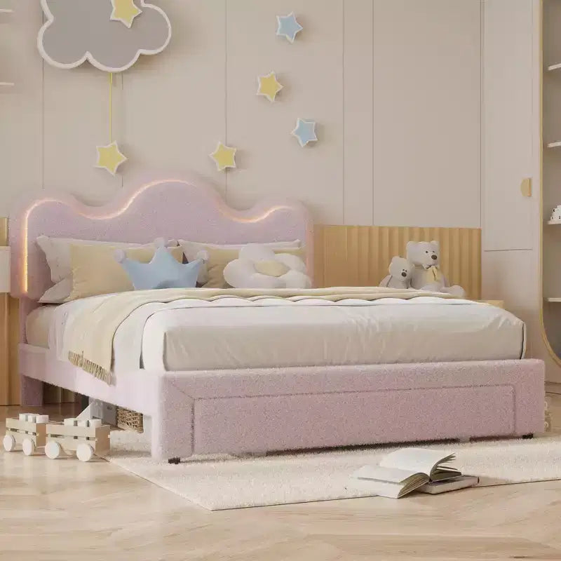 Boucle Bed Frame with Flower Headboard Upholstered Princess Bed Frame for Kids LED Platform Bed Frame with Drawers Strong, Solid Wood Slats Support