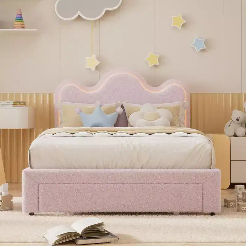 Boucle Bed Frame with Flower Headboard Upholstered Princess Bed Frame for Kids LED Platform Bed Frame with Drawers Strong, Solid Wood Slats Support