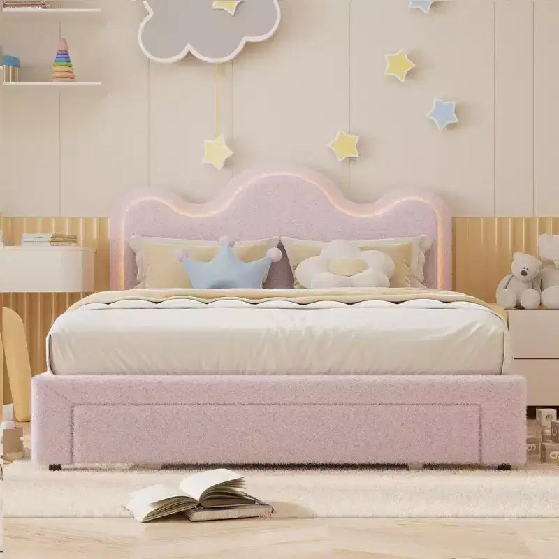 Boucle Bed Frame with Flower Headboard Upholstered Princess Bed Frame for Kids LED Platform Bed Frame with Drawers Strong, Solid Wood Slats Support