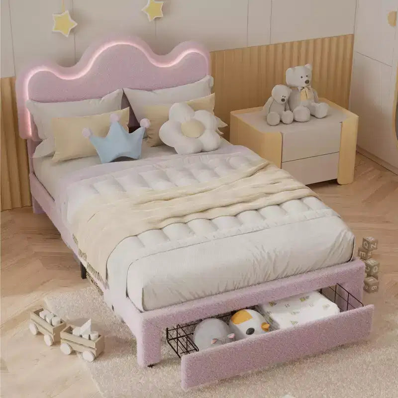 Boucle Bed Frame with Flower Headboard Upholstered Princess Bed Frame for Kids LED Platform Bed Frame with Drawers Strong, Solid Wood Slats Support