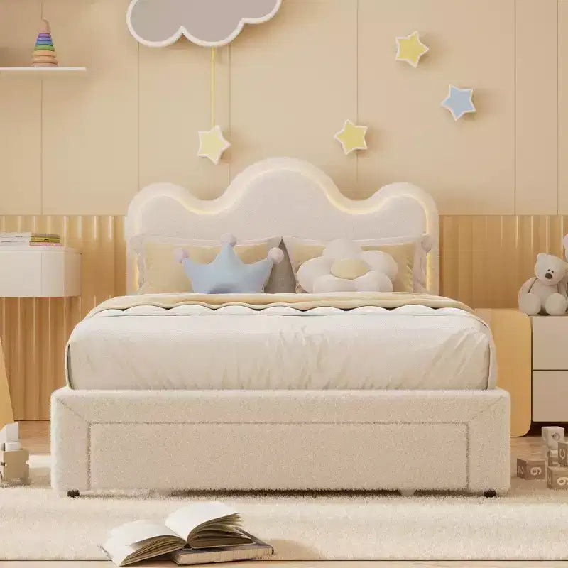 Boucle Bed Frame with Flower Headboard Upholstered Princess Bed Frame for Kids LED Platform Bed Frame with Drawers Strong, Solid Wood Slats Support