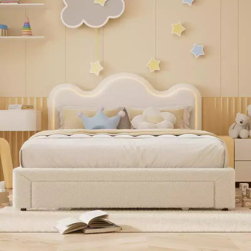 Boucle Bed Frame with Flower Headboard Upholstered Princess Bed Frame for Kids LED Platform Bed Frame with Drawers Strong, Solid Wood Slats Support