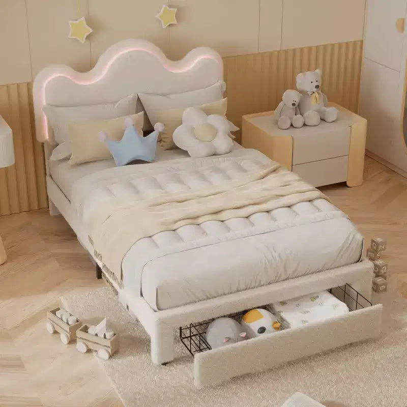 Boucle Bed Frame with Flower Headboard Upholstered Princess Bed Frame for Kids LED Platform Bed Frame with Drawers Strong, Solid Wood Slats Support