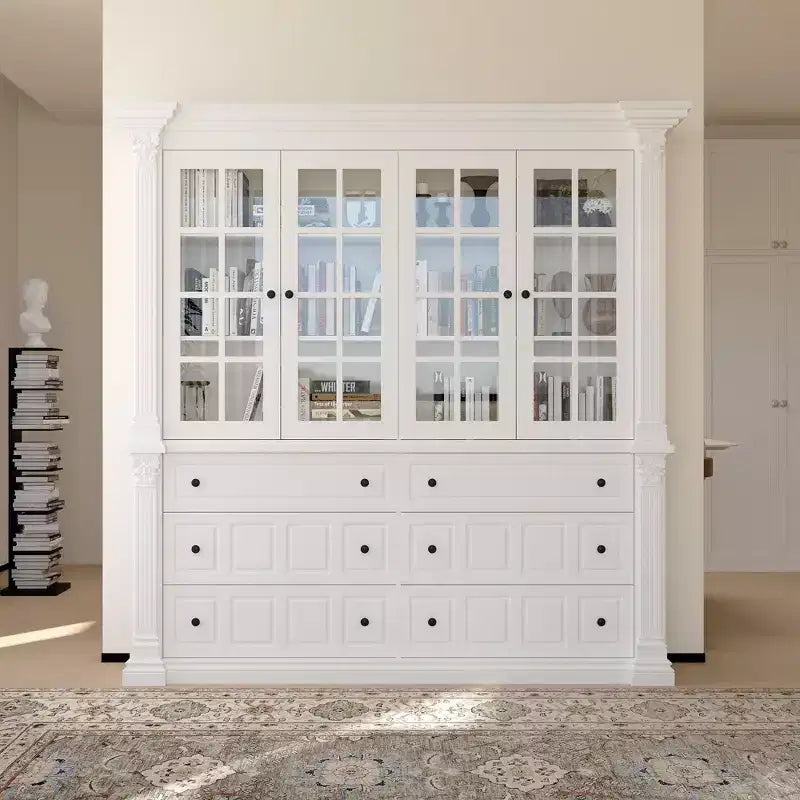 Large White Display Hutch Buffet Cabinet with Glass Doors, Credenza Sideboard Storage Unit for Kitchen Living Room Bookshelves