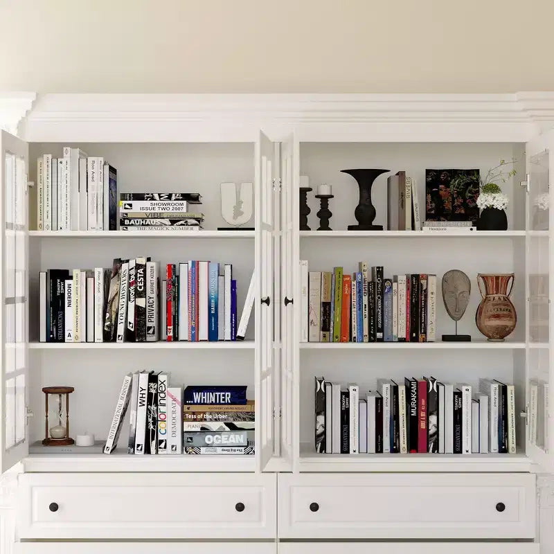 Large White Display Hutch Buffet Cabinet with Glass Doors, Credenza Sideboard Storage Unit for Kitchen Living Room Bookshelves