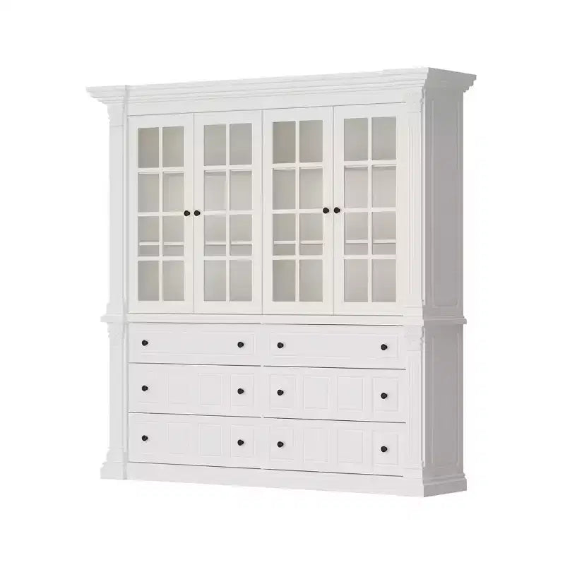 Large White Display Hutch Buffet Cabinet with Glass Doors, Credenza Sideboard Storage Unit for Kitchen Living Room Bookshelves