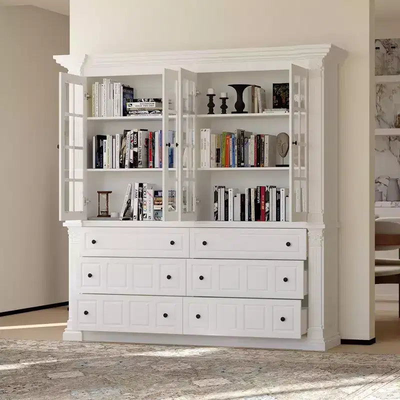 Large White Display Hutch Buffet Cabinet with Glass Doors, Credenza Sideboard Storage Unit for Kitchen Living Room Bookshelves