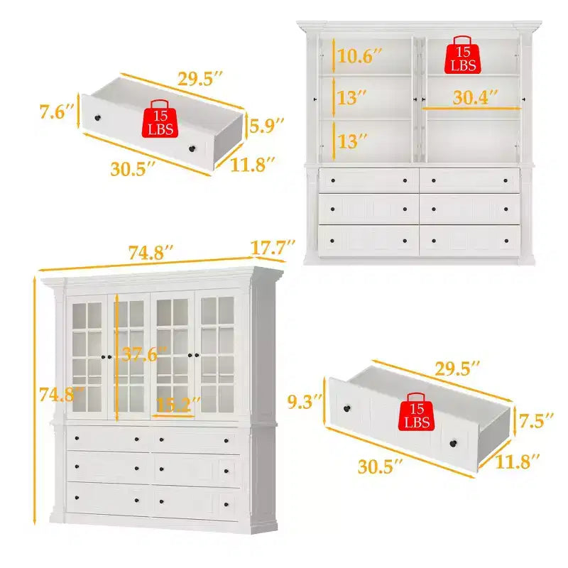 Large White Display Hutch Buffet Cabinet with Glass Doors, Credenza Sideboard Storage Unit for Kitchen Living Room Bookshelves