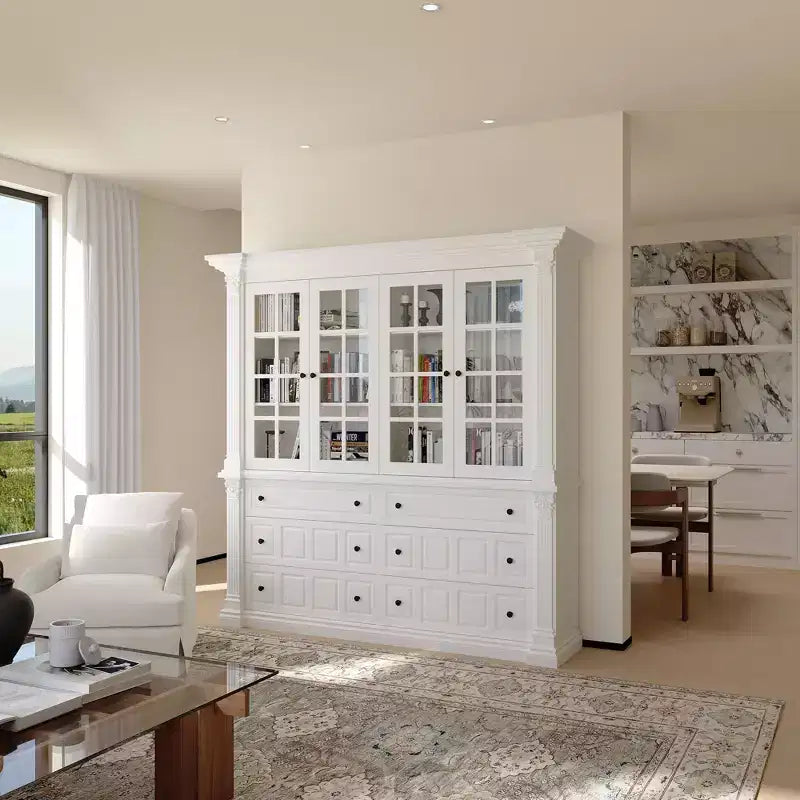 Large White Display Hutch Buffet Cabinet with Glass Doors, Credenza Sideboard Storage Unit for Kitchen Living Room Bookshelves