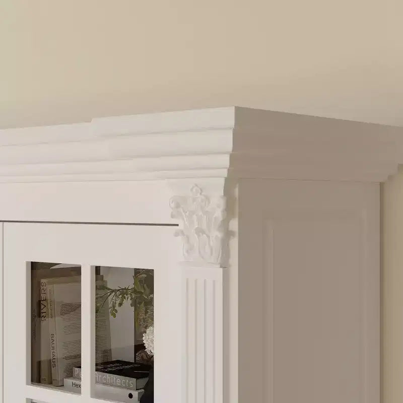 Large White Display Hutch Buffet Cabinet with Glass Doors, Credenza Sideboard Storage Unit for Kitchen Living Room Bookshelves