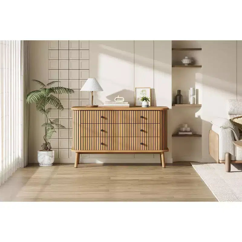 47 Inch Farmhouse Dresser with 6 Drawers & Metal Legs - Compact Wooden Chest of Drawers for Bedroom, Apartment, Space-Saving Storage Organizer