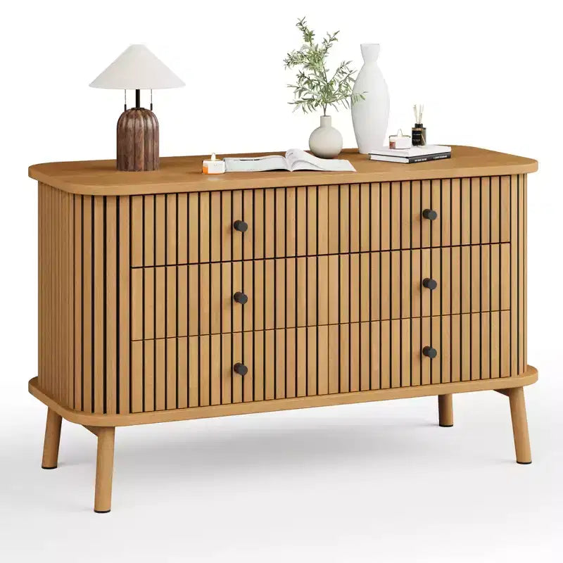 47 Inch Farmhouse Dresser with 6 Drawers & Metal Legs - Compact Wooden Chest of Drawers for Bedroom, Apartment, Space-Saving Storage Organizer