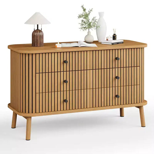 47 Inch Farmhouse Dresser with 6 Drawers & Metal Legs - Compact Wooden Chest of Drawers for Bedroom, Apartment, Space-Saving Storage Organizer