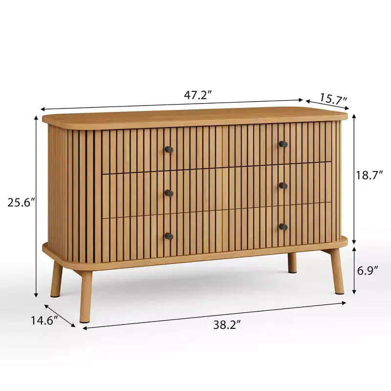 47 Inch Farmhouse Dresser with 6 Drawers & Metal Legs - Compact Wooden Chest of Drawers for Bedroom, Apartment, Space-Saving Storage Organizer
