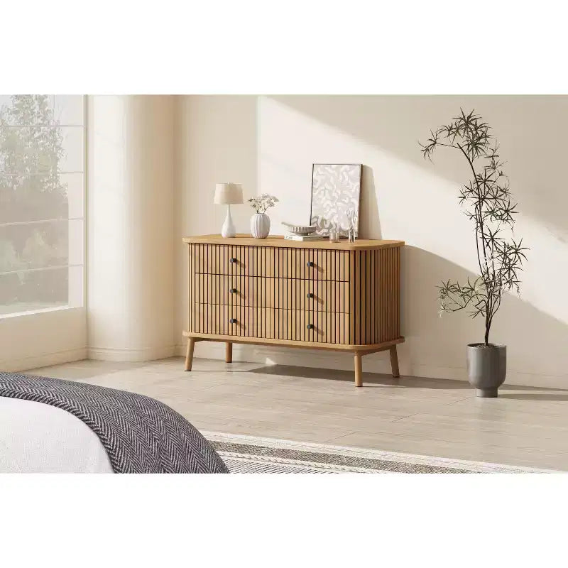 47 Inch Farmhouse Dresser with 6 Drawers & Metal Legs - Compact Wooden Chest of Drawers for Bedroom, Apartment, Space-Saving Storage Organizer