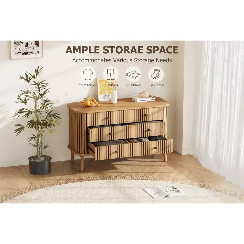 47 Inch Farmhouse Dresser with 6 Drawers & Metal Legs - Compact Wooden Chest of Drawers for Bedroom, Apartment, Space-Saving Storage Organizer