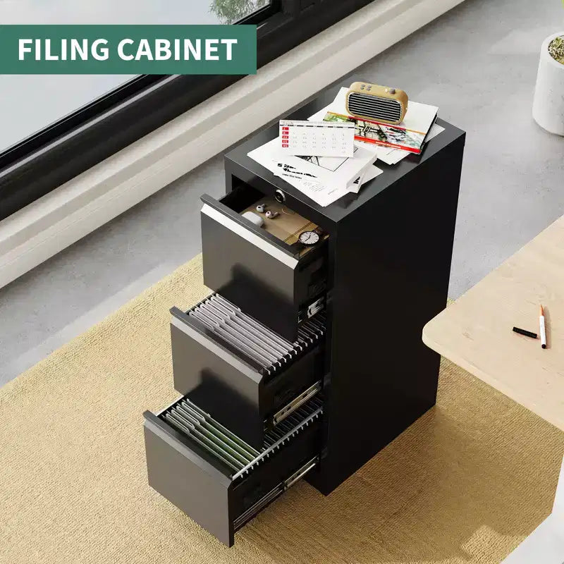 3 Drawer Black Metal Filing Cabinets, File Cabinet with Lock - Metal Vertical Filing Cabinet for Home Office Organize Letters/Legal/A4