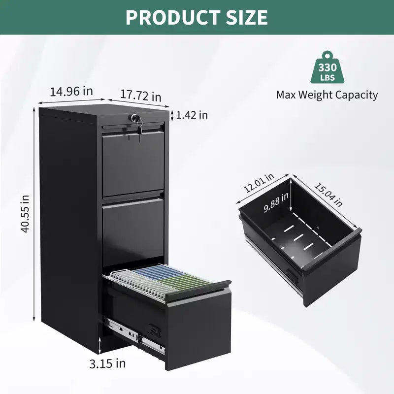 3 Drawer Black Metal Filing Cabinets, File Cabinet with Lock - Metal Vertical Filing Cabinet for Home Office Organize Letters/Legal/A4