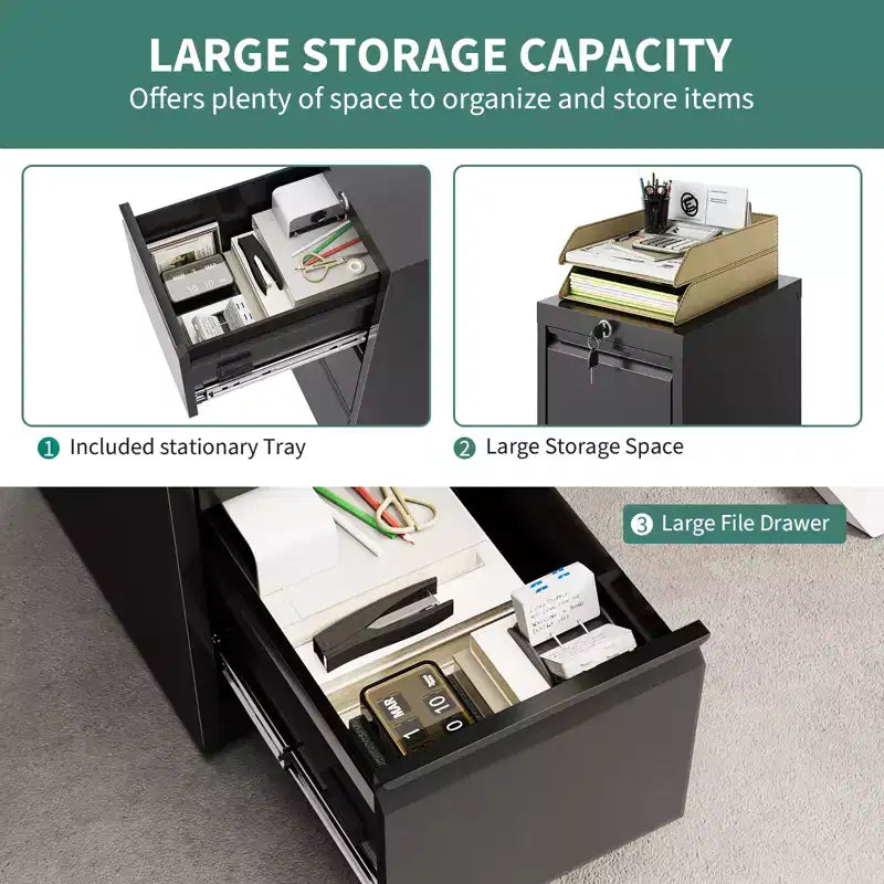 3 Drawer Black Metal Filing Cabinets, File Cabinet with Lock - Metal Vertical Filing Cabinet for Home Office Organize Letters/Legal/A4