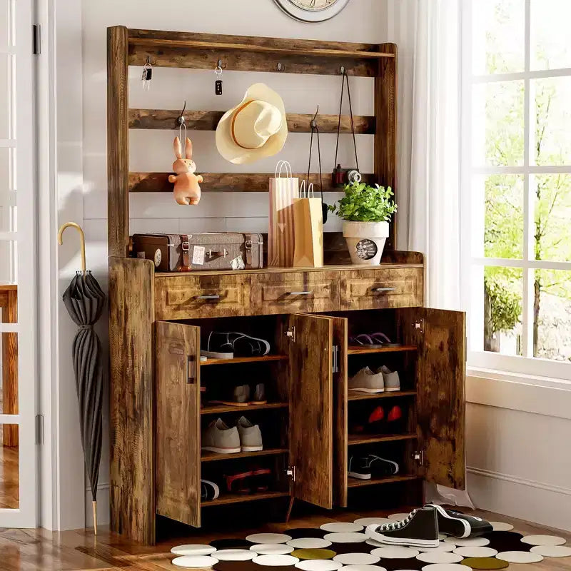 Shoe Storage, Shoe Cabinet with Four Doors and Coat Rack, 3 Drawers, 8 Shelves, Shoe Organizer for Hallway, Entryway, Living Room