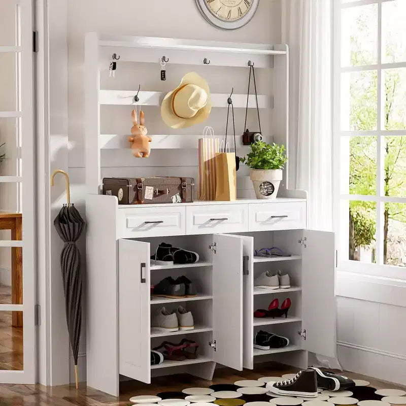 Shoe Storage, Shoe Cabinet with Four Doors and Coat Rack, 3 Drawers, 8 Shelves, Shoe Organizer for Hallway, Entryway, Living Room