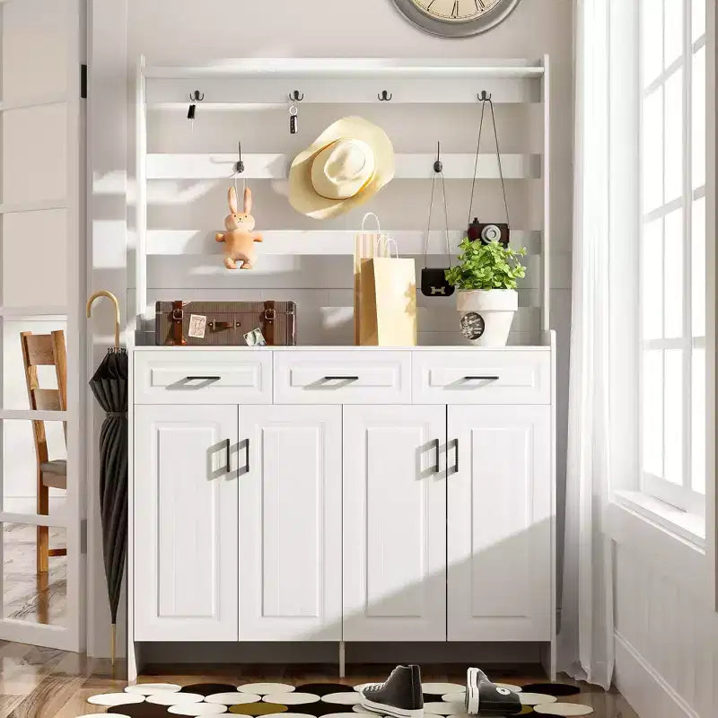 Shoe Storage, Shoe Cabinet with Four Doors and Coat Rack, 3 Drawers, 8 Shelves, Shoe Organizer for Hallway, Entryway, Living Room