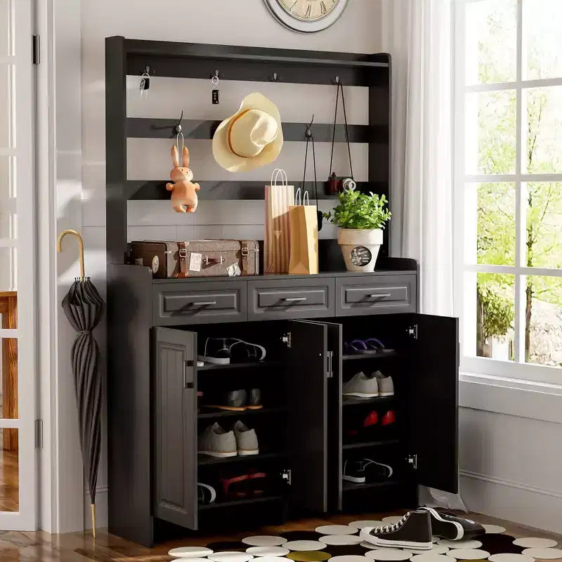 Shoe Storage, Shoe Cabinet with Four Doors and Coat Rack, 3 Drawers, 8 Shelves, Shoe Organizer for Hallway, Entryway, Living Room