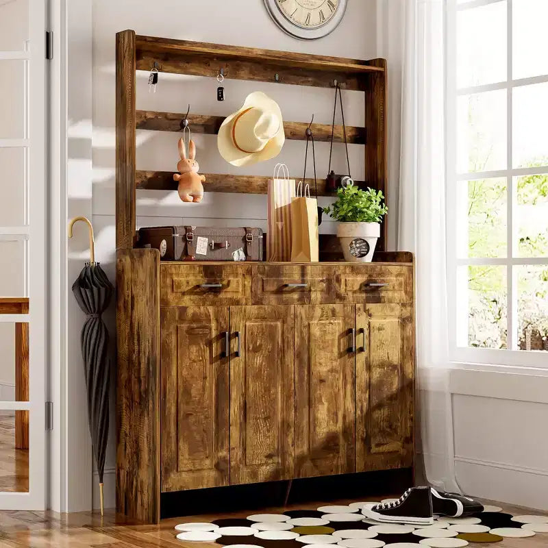 Shoe Storage, Shoe Cabinet with Four Doors and Coat Rack, 3 Drawers, 8 Shelves, Shoe Organizer for Hallway, Entryway, Living Room