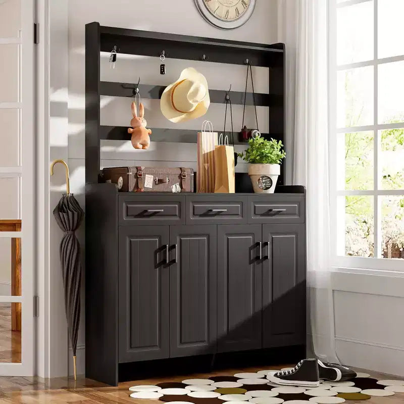Okak Shoe Storage, Shoe Cabinet with Four Doors and Coat Rack, 3 Drawers, 8 Shelves, Shoe Organizer for Hallway, Entryway, Living Room