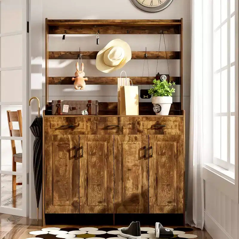 Shoe Storage, Shoe Cabinet with Four Doors and Coat Rack, 3 Drawers, 8 Shelves, Shoe Organizer for Hallway, Entryway, Living Room